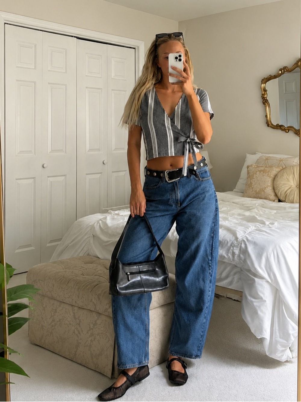 Urban Outfitters black & White Striped Wrap Tie Front Crop Top Cottage-core